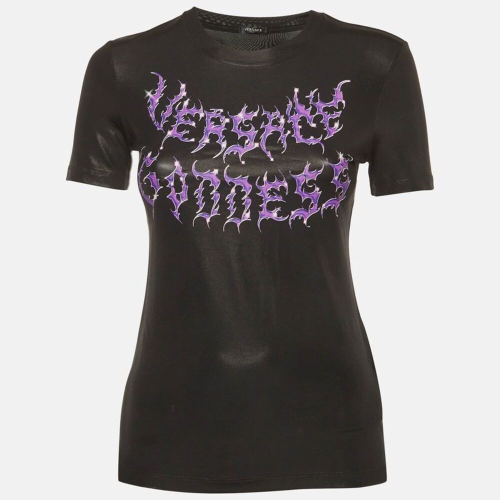Versace Black Versace Goddess Print Jersey Crewneck T-Shirt S